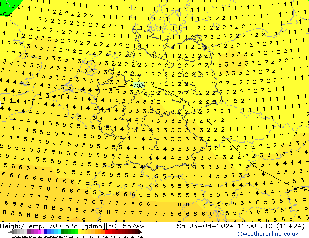 Hoogte/Temp. 700 hPa 557ww za 03.08.2024 12 UTC