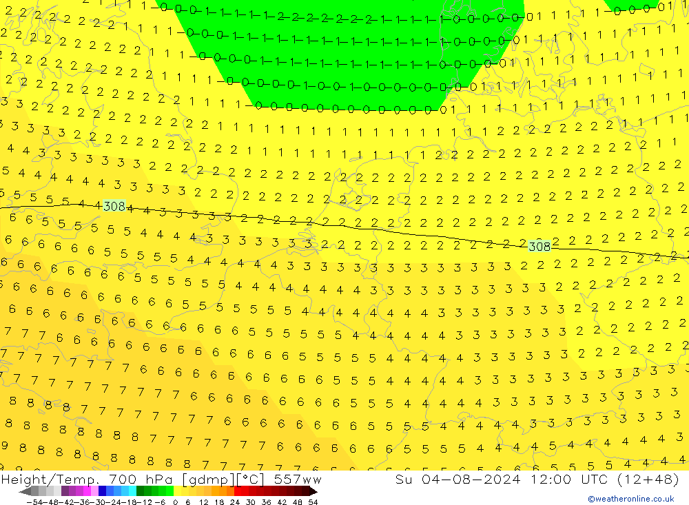 Hoogte/Temp. 700 hPa 557ww zo 04.08.2024 12 UTC