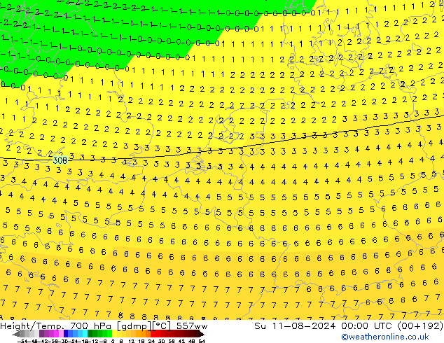 Hoogte/Temp. 700 hPa 557ww zo 11.08.2024 00 UTC