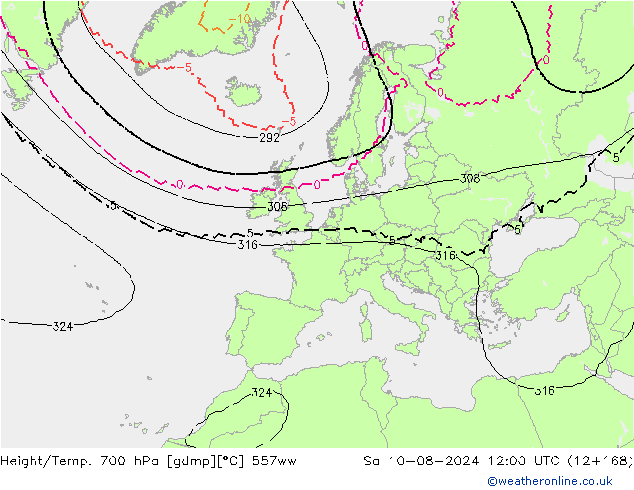 Height/Temp. 700 hPa 557ww 星期六 10.08.2024 12 UTC