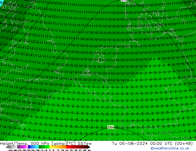 Hoogte/Temp. 500 hPa 557ww di 06.08.2024 00 UTC