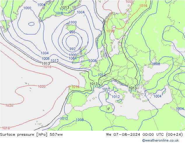 地面气压 557ww 星期三 07.08.2024 00 UTC