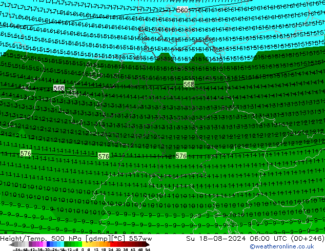 Hoogte/Temp. 500 hPa 557ww zo 18.08.2024 06 UTC