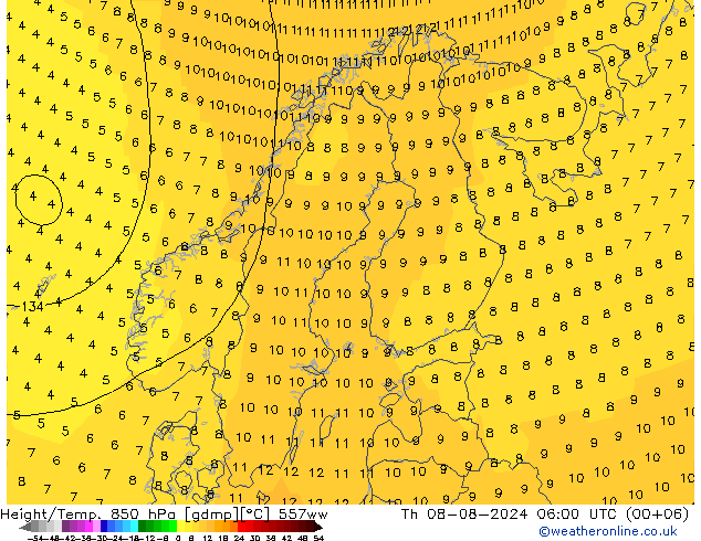 Height/Temp. 850 hPa 557ww 星期四 08.08.2024 06 UTC