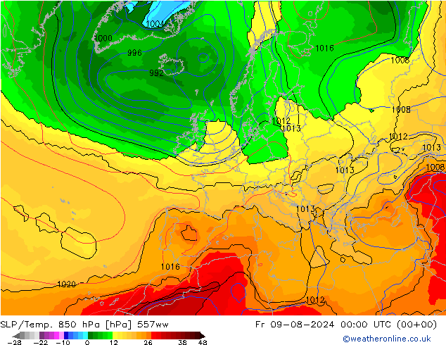 SLP/Temp. 850 hPa 557ww 星期五 09.08.2024 00 UTC