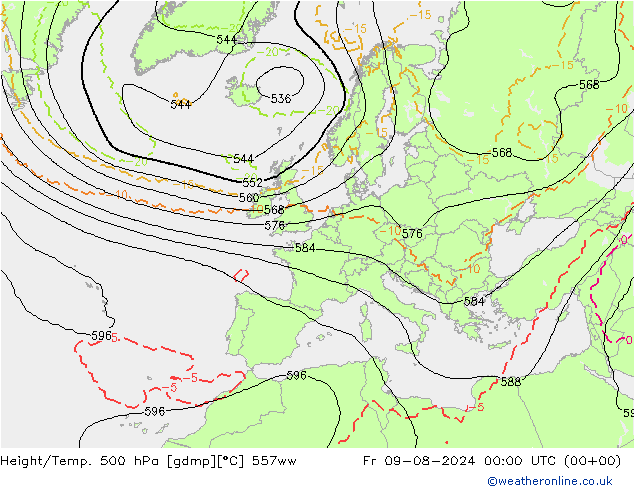 Height/Temp. 500 hPa 557ww 星期五 09.08.2024 00 UTC