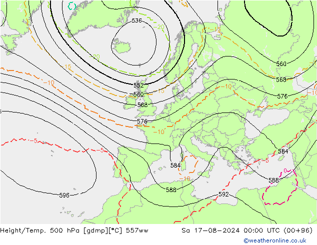 Hoogte/Temp. 500 hPa 557ww za 17.08.2024 00 UTC