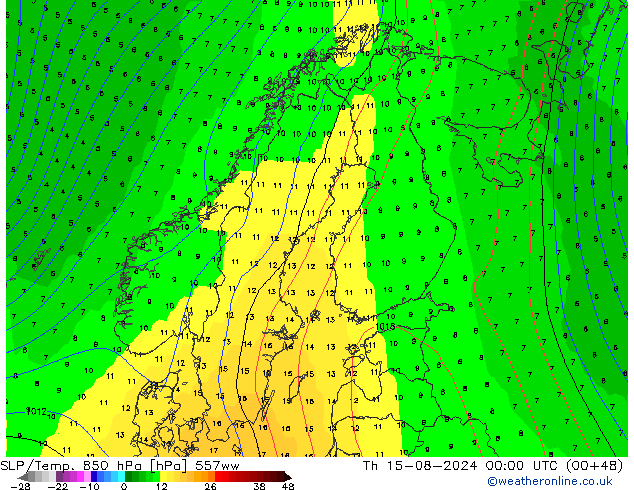 SLP/Temp. 850 hPa 557ww 星期四 15.08.2024 00 UTC