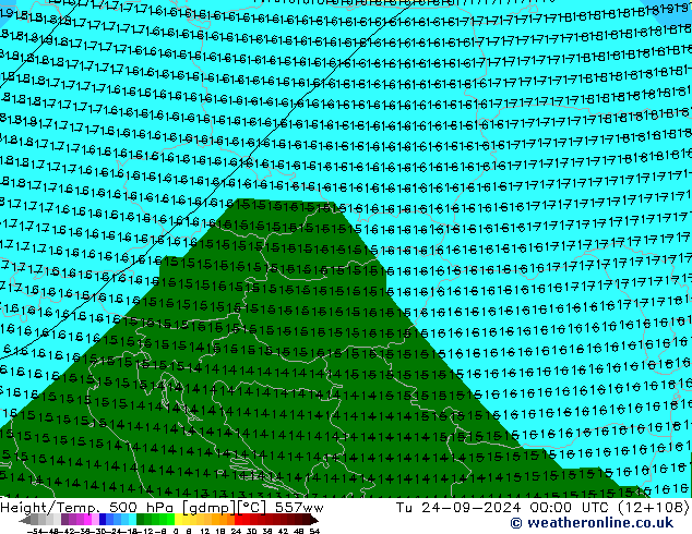 Height/Temp. 500 hPa 557ww Di 24.09.2024 00 UTC