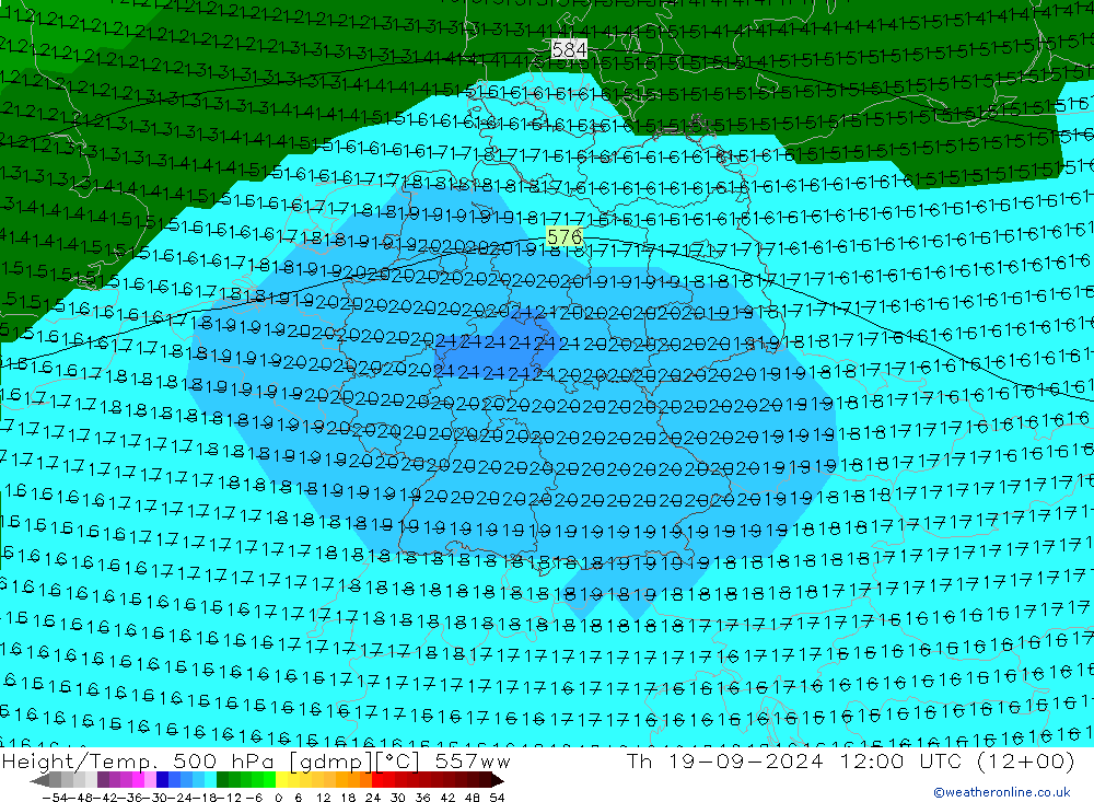 Height/Temp. 500 hPa 557ww Th 19.09.2024 12 UTC