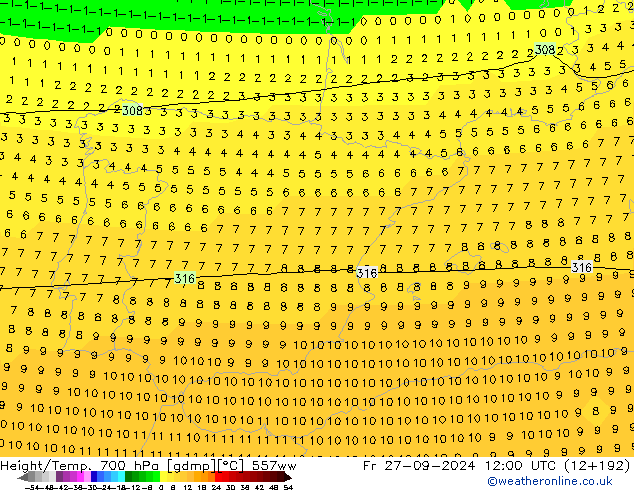 Géop./Temp. 700 hPa 557ww ven 27.09.2024 12 UTC