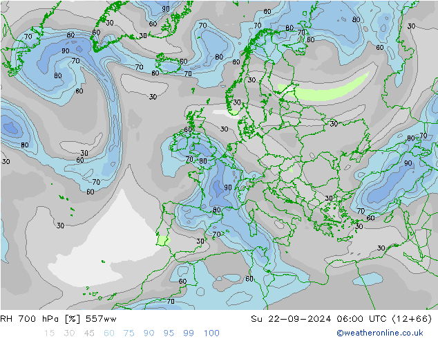 RH 700 hPa 557ww So 22.09.2024 06 UTC