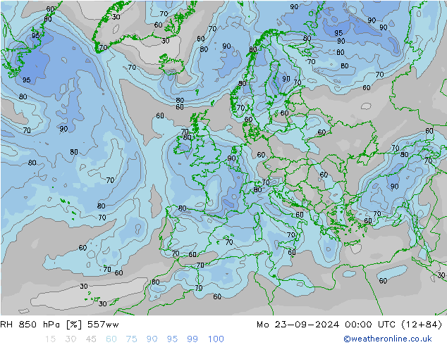 RH 850 hPa 557ww Mo 23.09.2024 00 UTC