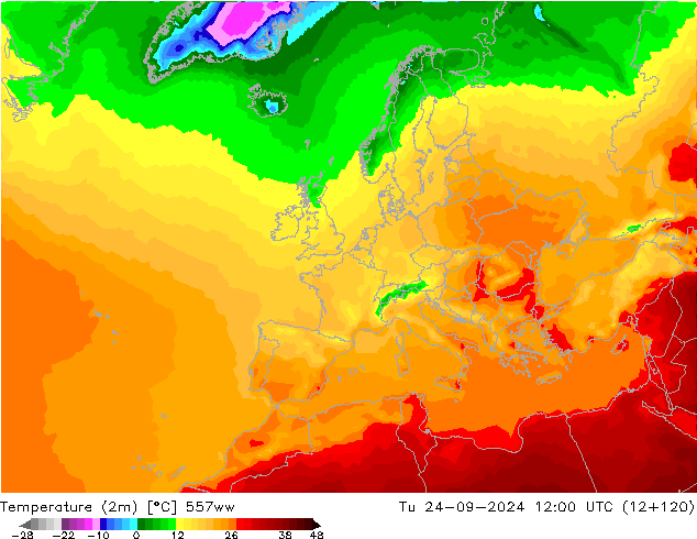 Temperature (2m) 557ww Tu 24.09.2024 12 UTC