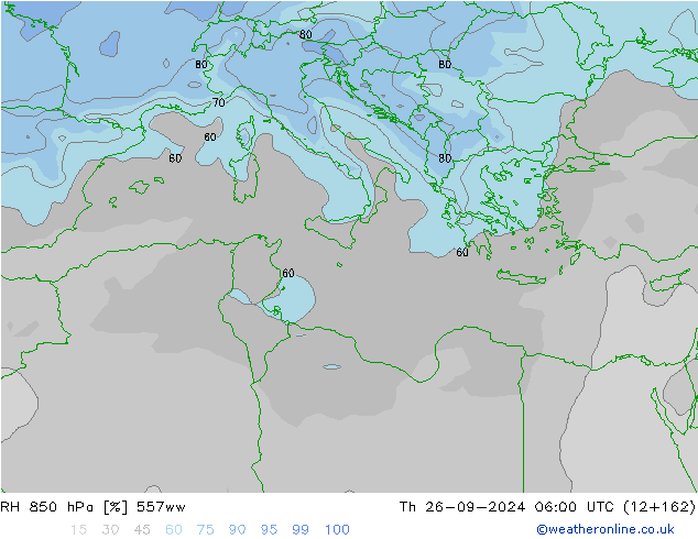 RH 850 hPa 557ww Čt 26.09.2024 06 UTC