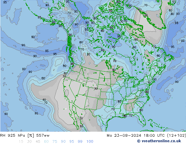 RH 925 hPa 557ww Mo 23.09.2024 18 UTC