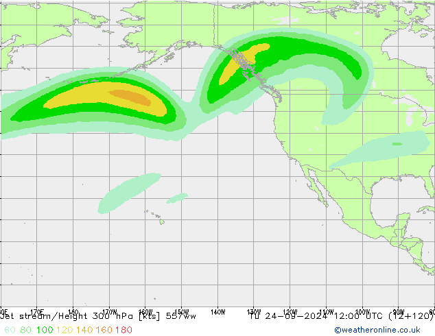 Jet stream/Height 300 hPa 557ww Út 24.09.2024 12 UTC