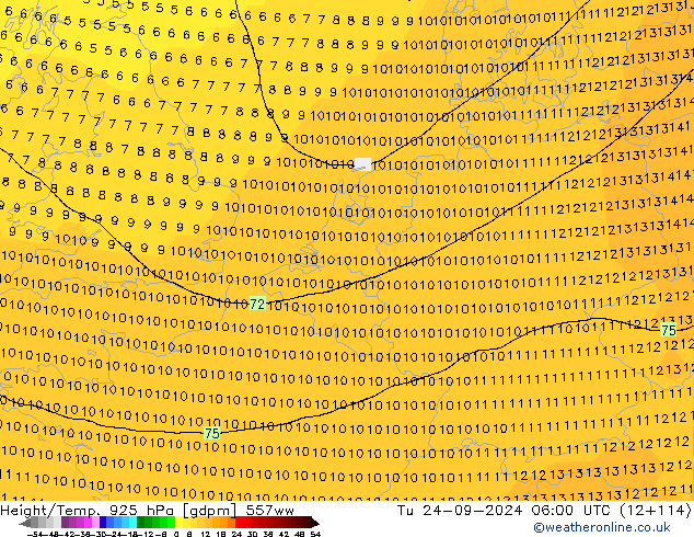 Height/Temp. 925 hPa 557ww Tu 24.09.2024 06 UTC