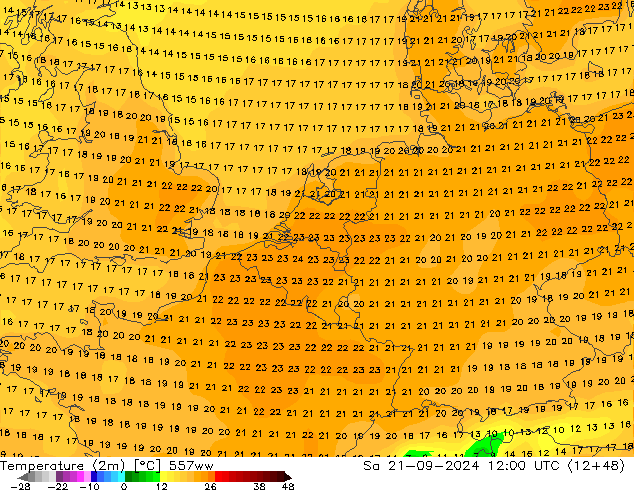 Temperaturkarte (2m) 557ww Sa 21.09.2024 12 UTC