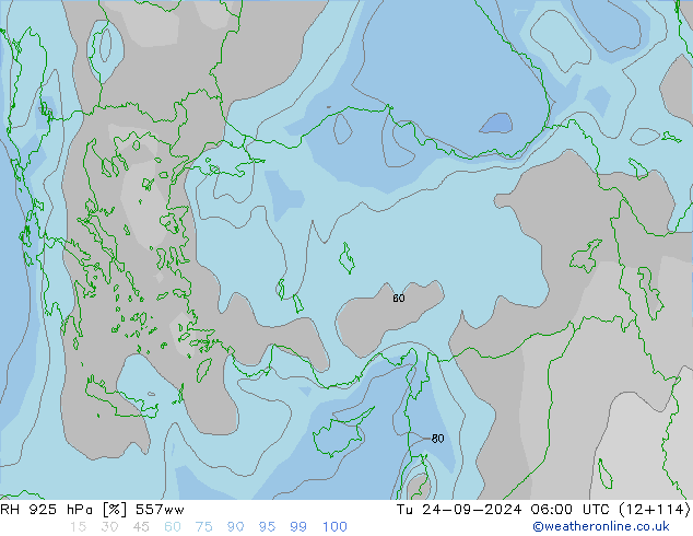 RH 925 hPa 557ww Tu 24.09.2024 06 UTC