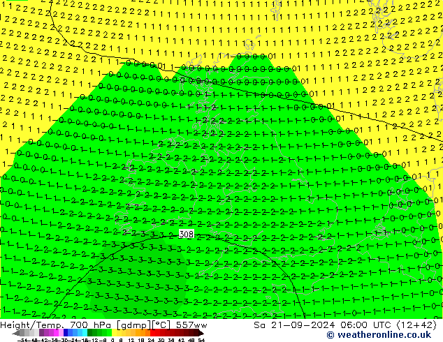 Height/Temp. 700 hPa 557ww sab 21.09.2024 06 UTC