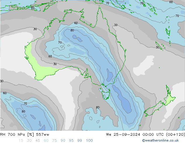 Humidité rel. 700 hPa 557ww mer 25.09.2024 00 UTC