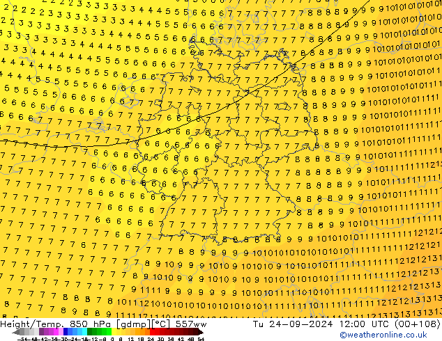 Height/Temp. 850 hPa 557ww Tu 24.09.2024 12 UTC