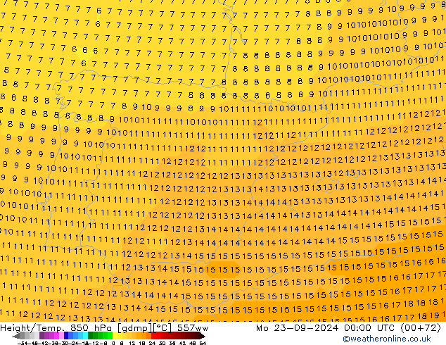 Height/Temp. 850 hPa 557ww Mo 23.09.2024 00 UTC