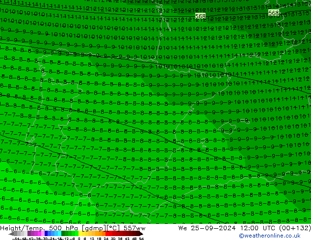 Height/Temp. 500 hPa 557ww śro. 25.09.2024 12 UTC