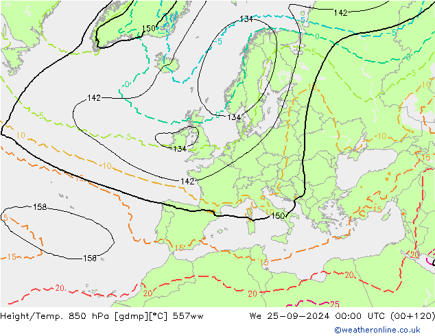 Height/Temp. 850 hPa 557ww  25.09.2024 00 UTC