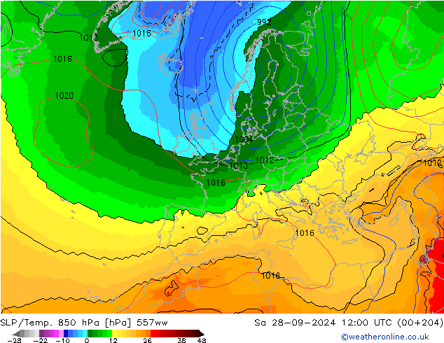 SLP/Temp. 850 hPa 557ww sam 28.09.2024 12 UTC