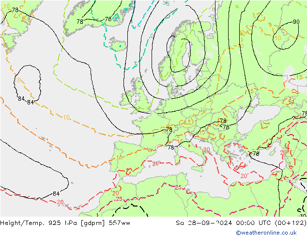 Height/Temp. 925 hPa 557ww Sáb 28.09.2024 00 UTC