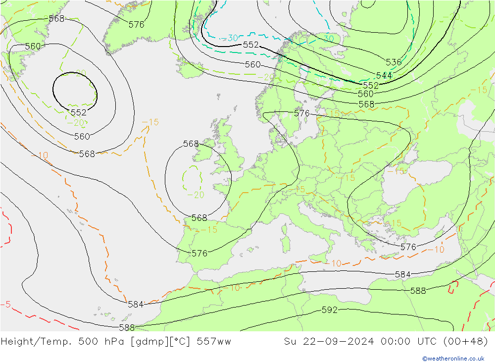 Height/Temp. 500 hPa 557ww Dom 22.09.2024 00 UTC