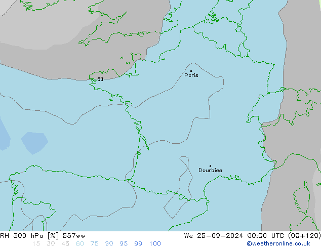 Humedad rel. 300hPa 557ww mié 25.09.2024 00 UTC