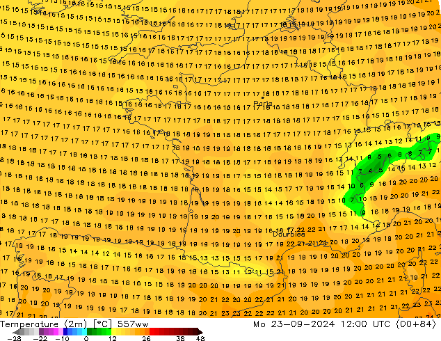 mapa temperatury (2m) 557ww pon. 23.09.2024 12 UTC