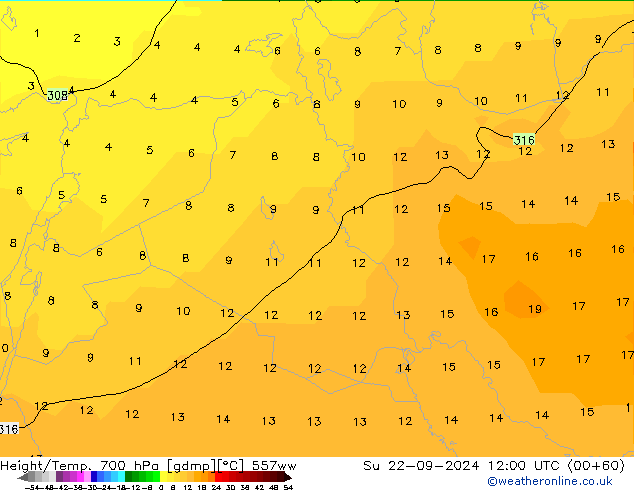 Height/Temp. 700 гПа 557ww Вс 22.09.2024 12 UTC