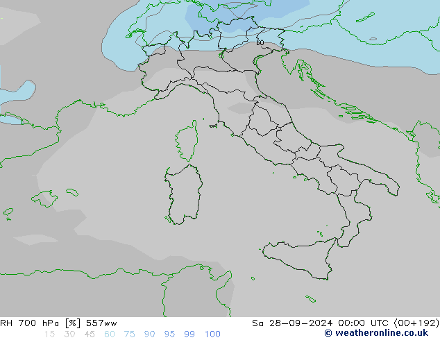 Humedad rel. 700hPa 557ww sáb 28.09.2024 00 UTC