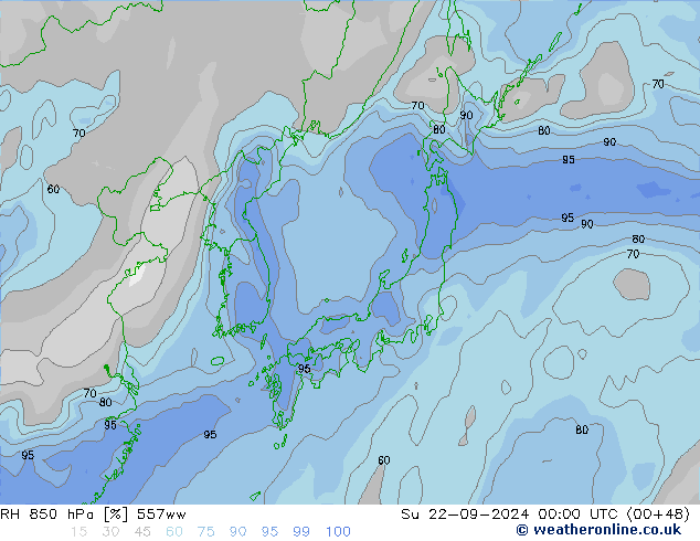 RH 850 hPa 557ww Su 22.09.2024 00 UTC