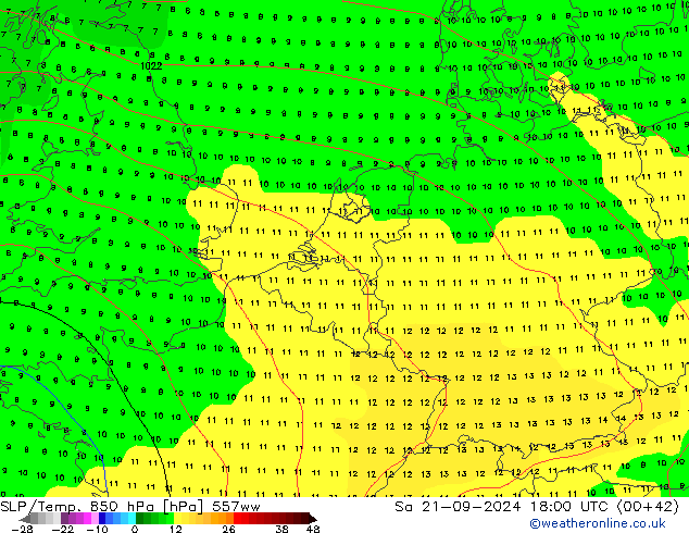 SLP/Temp. 850 hPa 557ww Sa 21.09.2024 18 UTC