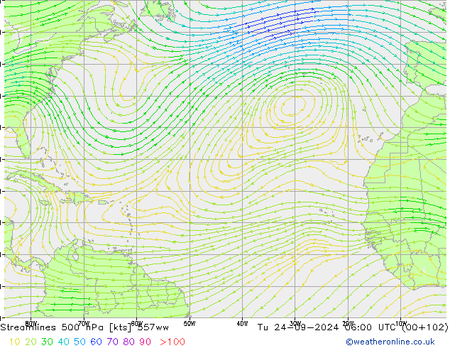 Streamlines 500 hPa 557ww Tu 24.09.2024 06 UTC