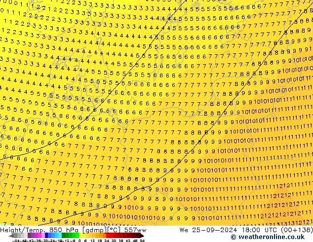 Height/Temp. 850 hPa 557ww We 25.09.2024 18 UTC