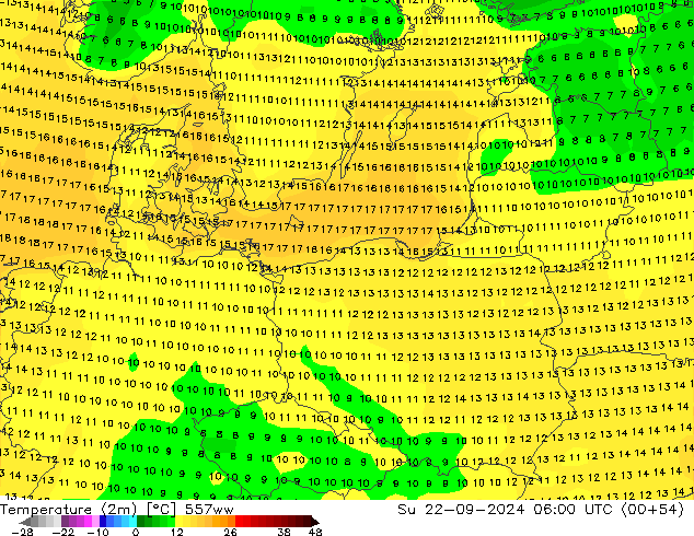 Temperature (2m) 557ww Su 22.09.2024 06 UTC