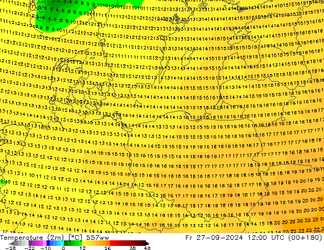 mapa temperatury (2m) 557ww pt. 27.09.2024 12 UTC