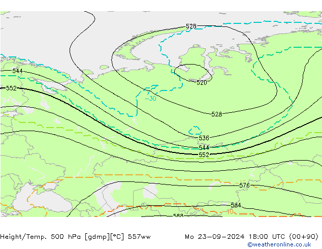 Height/Temp. 500 hPa 557ww Mo 23.09.2024 18 UTC