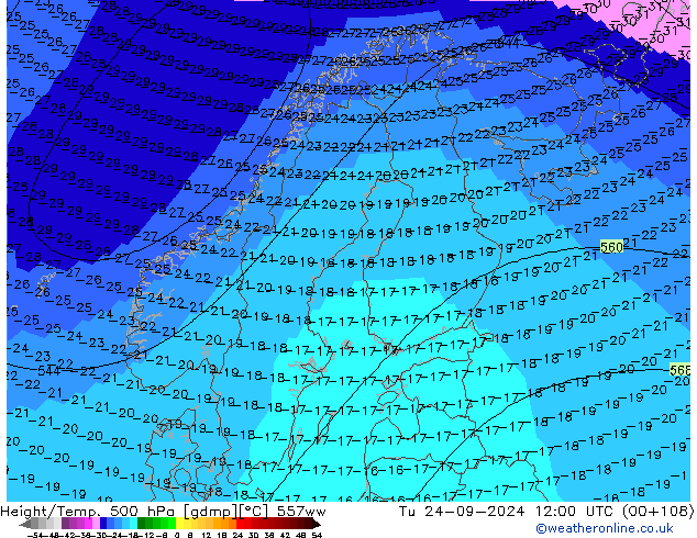 Height/Temp. 500 hPa 557ww  24.09.2024 12 UTC