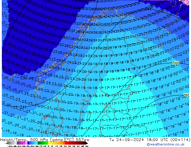 Height/Temp. 500 hPa 557ww Tu 24.09.2024 18 UTC