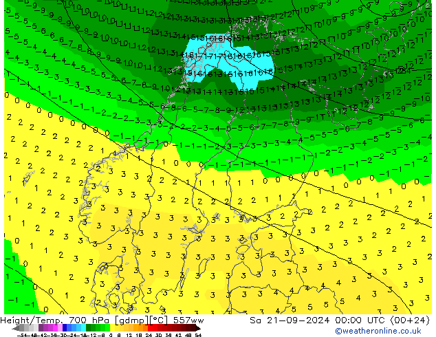 Geop./Temp. 700 hPa 557ww sáb 21.09.2024 00 UTC