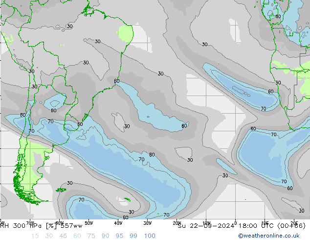 Humedad rel. 300hPa 557ww dom 22.09.2024 18 UTC