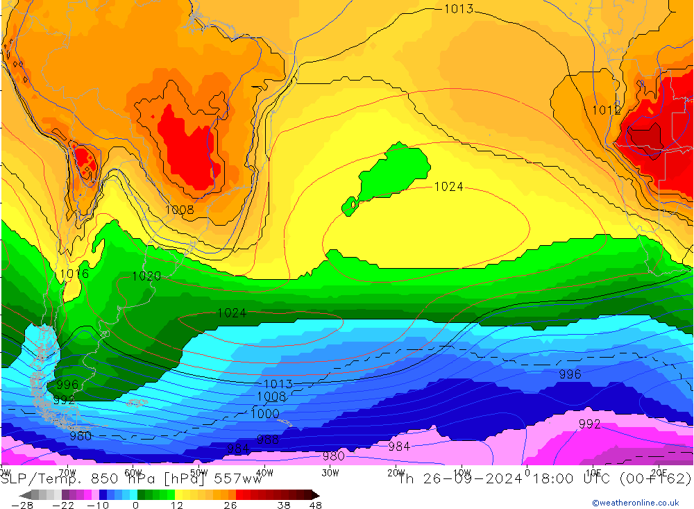 SLP/Temp. 850 hPa 557ww gio 26.09.2024 18 UTC