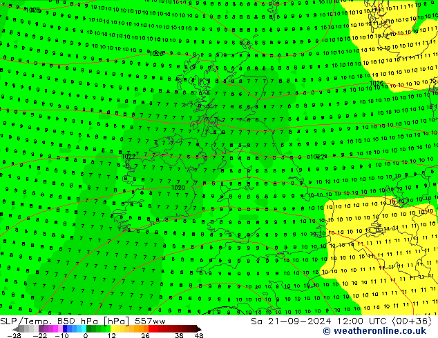 SLP/Temp. 850 гПа 557ww сб 21.09.2024 12 UTC